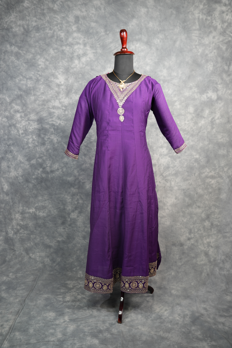 Royal Purple Anarkali Chudi Set - Luxurious deep purple silk anarkali with intricate gold embroidery, mirror work & ornate borders. A stunning, regal pick for weddings & ethnic styled looks.