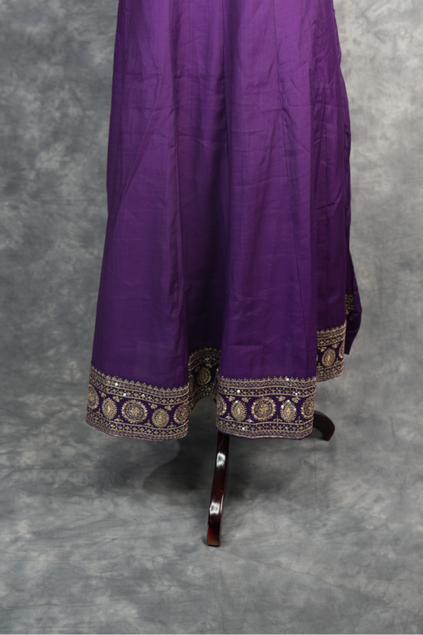 Royal Purple Anarkali Chudi Set - Luxurious deep purple silk anarkali with intricate gold embroidery, mirror work & ornate borders. A stunning, regal pick for weddings & ethnic styled looks.
