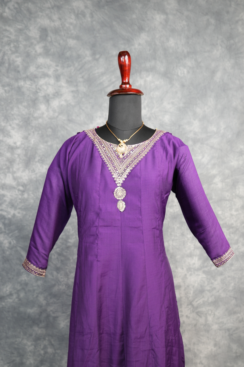 Royal Purple Anarkali Chudi Set - Luxurious deep purple silk anarkali with intricate gold embroidery, mirror work & ornate borders. A stunning, regal pick for weddings & ethnic styled looks.