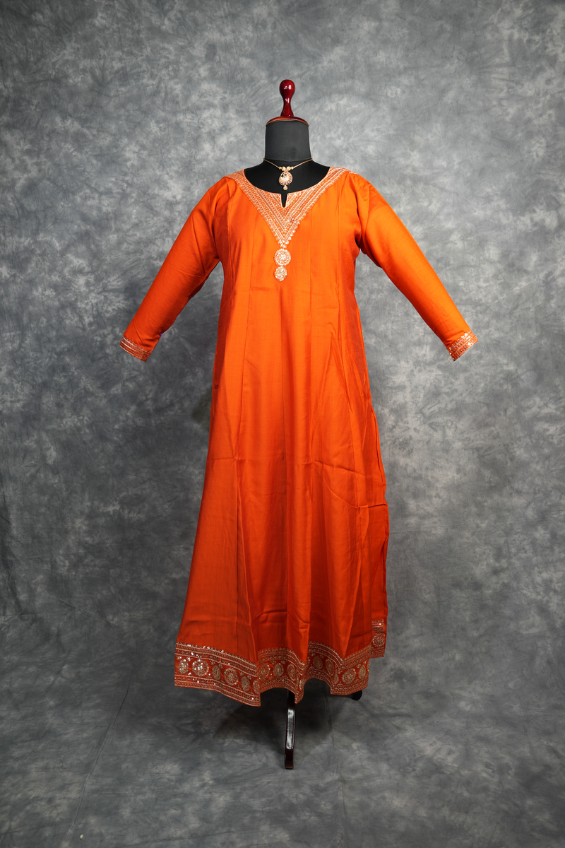 Rust Orange Anarkali Churidar Set Rich colour Elegant zari work Mirror embellishments Designer sleeve borders ,A graceful outfit that blends traditional charm with modern elegance for every special celebration