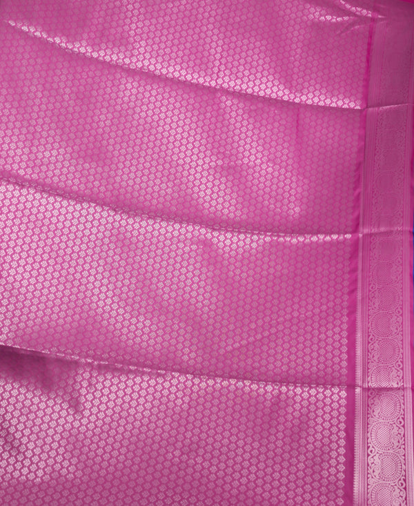 Royal Blue & Magenta Pink Soft Silk Saree Silver Zari Check Weave & Small Buttas Body Broad Magenta Pink Zari Border Intricate Temple Pallu Design Blue Tassel Finish Festive & Bridal Wear