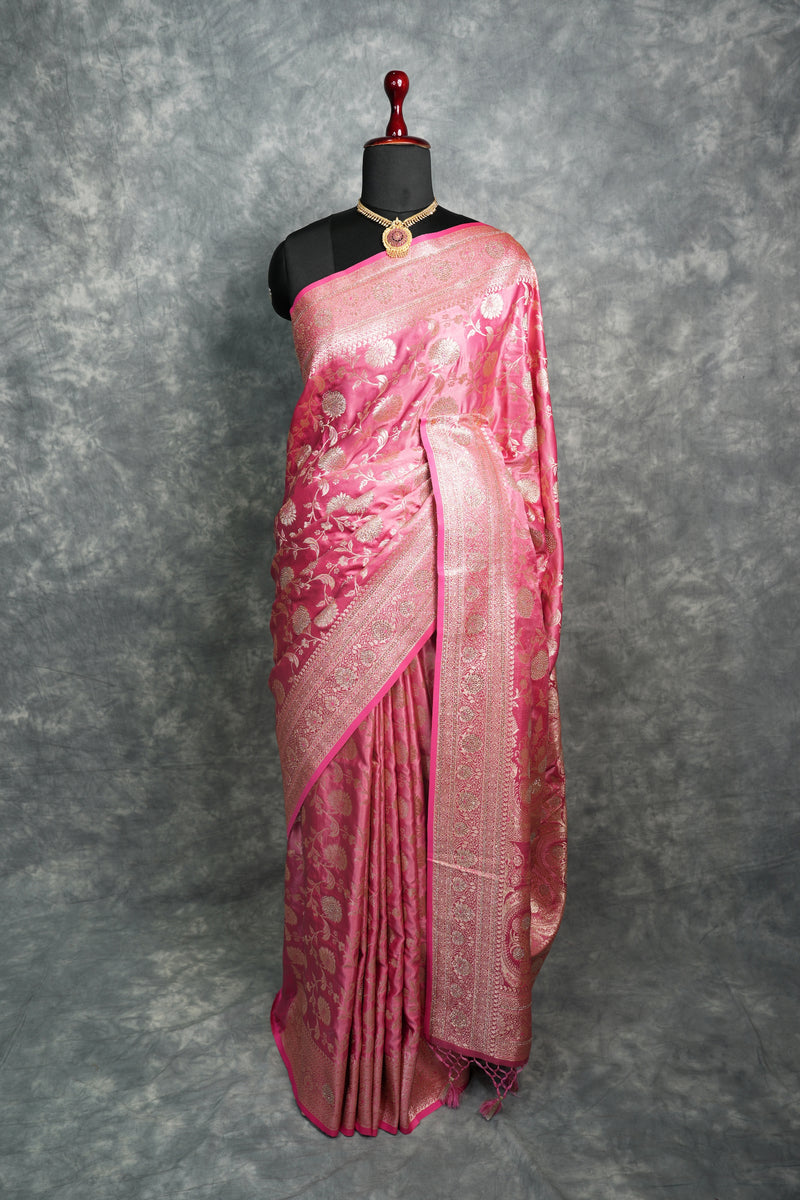 Rose Pink Banarasi Silk Saree Heavy Gold Zari Floral Jaal Weave Designer Pallu & Rich Border Festive Wedding Saree with Matching Blouse Traditional Handwoven Bridal Silk Saree