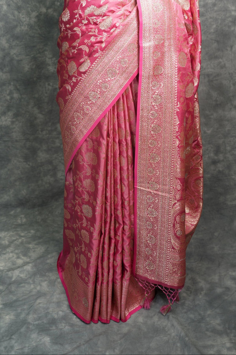 Rose Pink Banarasi Silk Saree Heavy Gold Zari Floral Jaal Weave Designer Pallu & Rich Border Festive Wedding Saree with Matching Blouse Traditional Handwoven Bridal Silk Saree