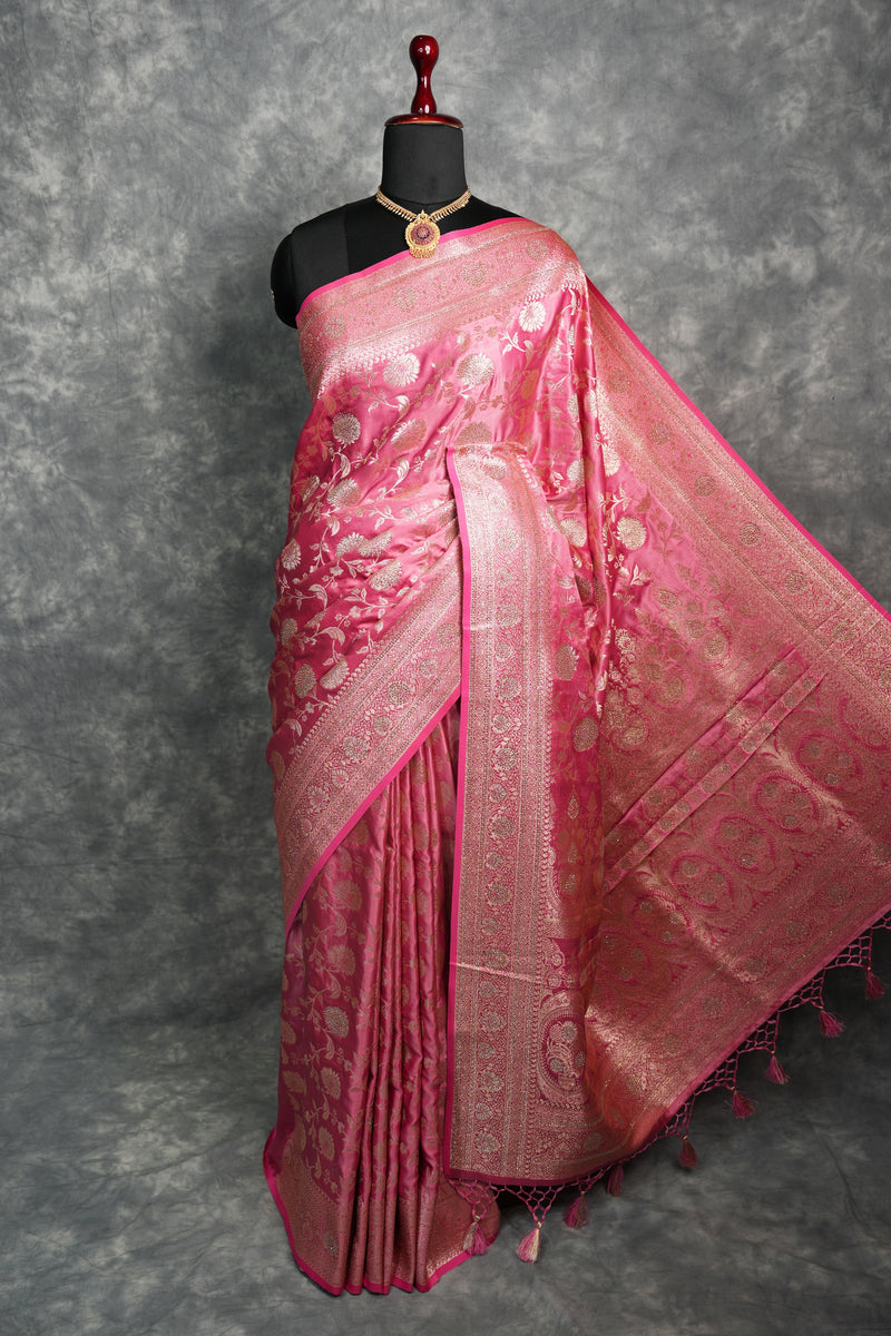 Rose Pink Banarasi Silk Saree Heavy Gold Zari Floral Jaal Weave Designer Pallu & Rich Border Festive Wedding Saree with Matching Blouse Traditional Handwoven Bridal Silk Saree