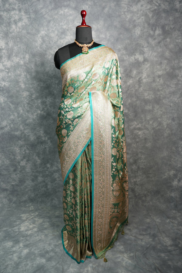 Teal Green Banarasi Silk Saree Heavy Silver Gold Zari Floral Jaal Weave Designer Broad Border & Rich Pallu Festive Bridal Wedding Saree with Matching Blouse aditional Handwoven Silk