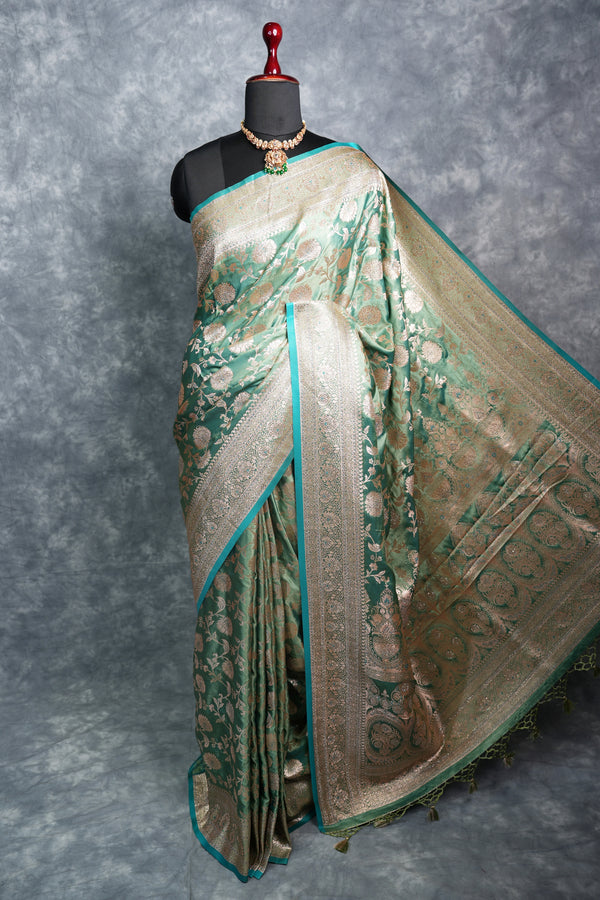 Teal Green Banarasi Silk Saree Heavy Silver Gold Zari Floral Jaal Weave Designer Broad Border & Rich Pallu Festive Bridal Wedding Saree with Matching Blouse aditional Handwoven Silk