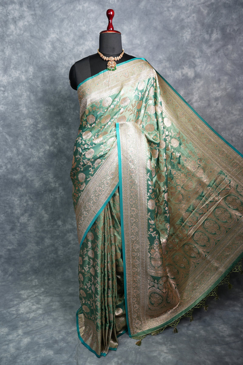 Teal Green Banarasi Silk Saree Heavy Silver Gold Zari Floral Jaal Weave Designer Broad Border & Rich Pallu Festive Bridal Wedding Saree with Matching Blouse aditional Handwoven Silk