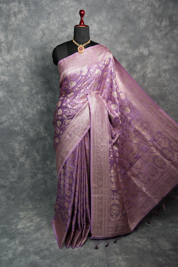 Lavender Purple Banarasi Silk Saree Antique Gold Zari Floral Jaal Weave Designer Pallu & Rich Broad Border Festive Bridal Wedding Saree with Matching Blouse Traditional Handwoven Silk