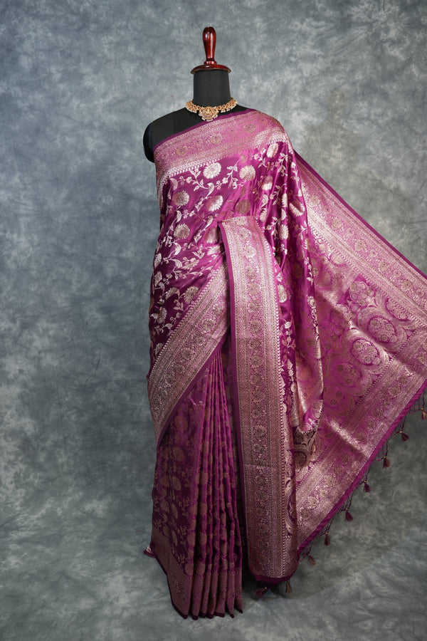 Wine Purple Banarasi Silk Saree Antique  Silver Gold Zari Floral Jaal Weave Designer Pallu  Rich Broad Border Bridal Wedding Festive Saree  with Matching Blouse Handwoven Silk