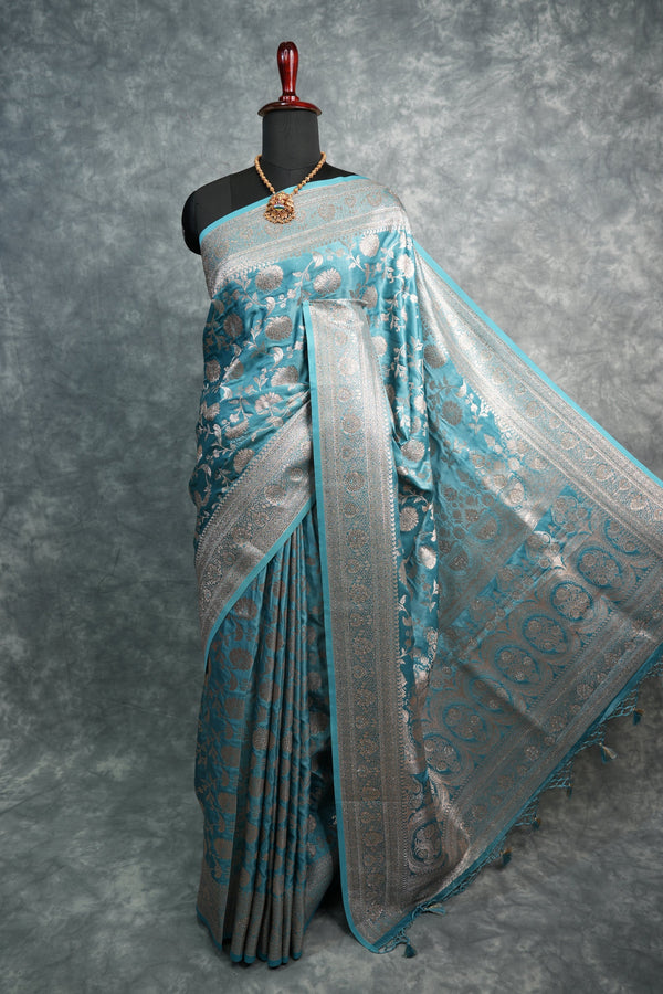 Teal Peacock Blue Banarasi Silk Saree Silver Zari  Floral Jaal Weave Designer Pallu Broad Border  Bridal Wedding Festive Saree with Matching Blouse  Traditional Handwoven Silk