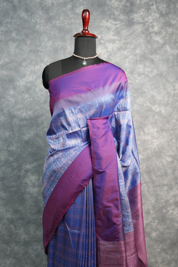Soft Silk Saree in Ice Blue & Magenta Purple All Over Zari Check Weave with Silver Small Buttas Broad Purple Zari Border & Rich Pallu Royal Blue Tassels South Indian Festive Saree