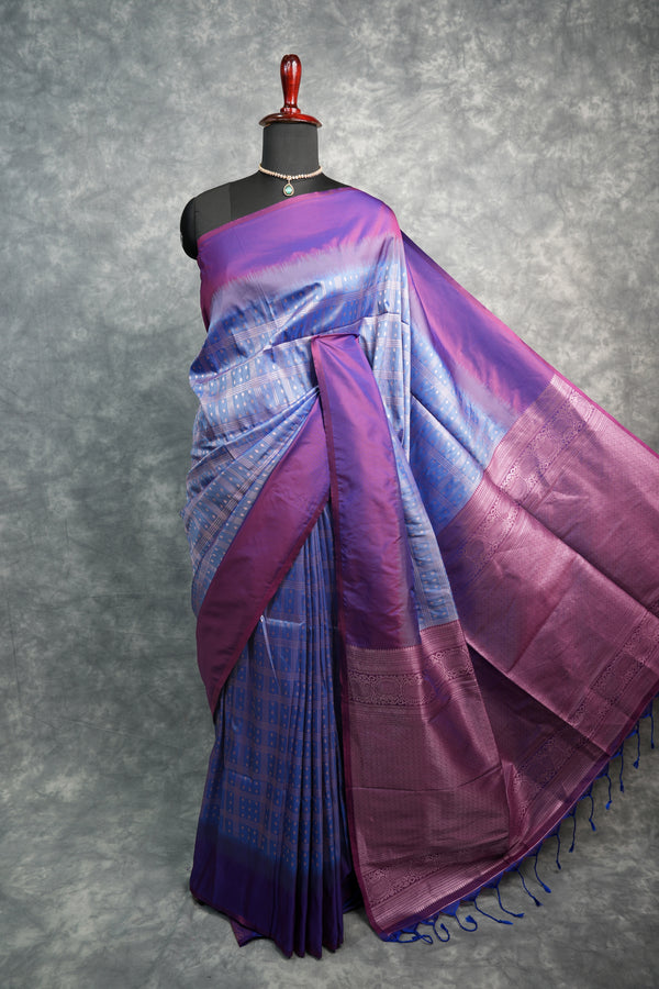 Soft Silk Saree in Ice Blue & Magenta Purple All Over Zari Check Weave with Silver Small Buttas Broad Purple Zari Border & Rich Pallu Royal Blue Tassels South Indian Festive Saree