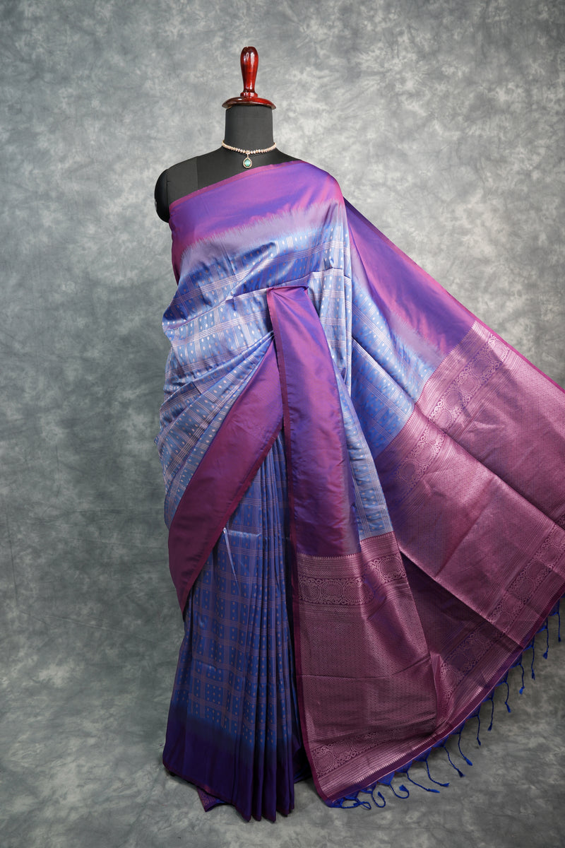 Soft Silk Saree in Ice Blue & Magenta Purple All Over Zari Check Weave with Silver Small Buttas Broad Purple Zari Border & Rich Pallu Royal Blue Tassels South Indian Festive Saree