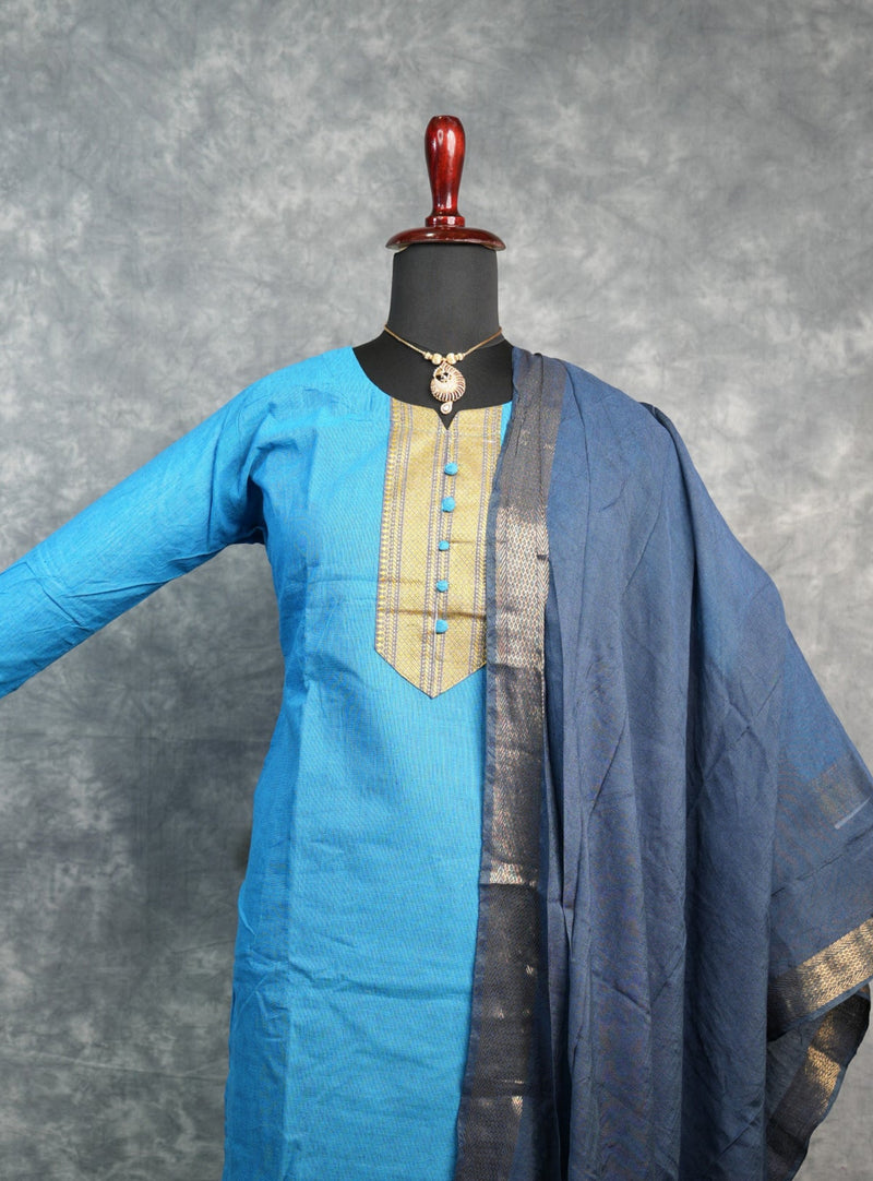 Sky Blue Cotton Chudithar Set Straight Cut Kurti with Gold Brocade Woven Yoke & Zari Border, Dark Denim Blue Dupatta with Black Gold Zari Border