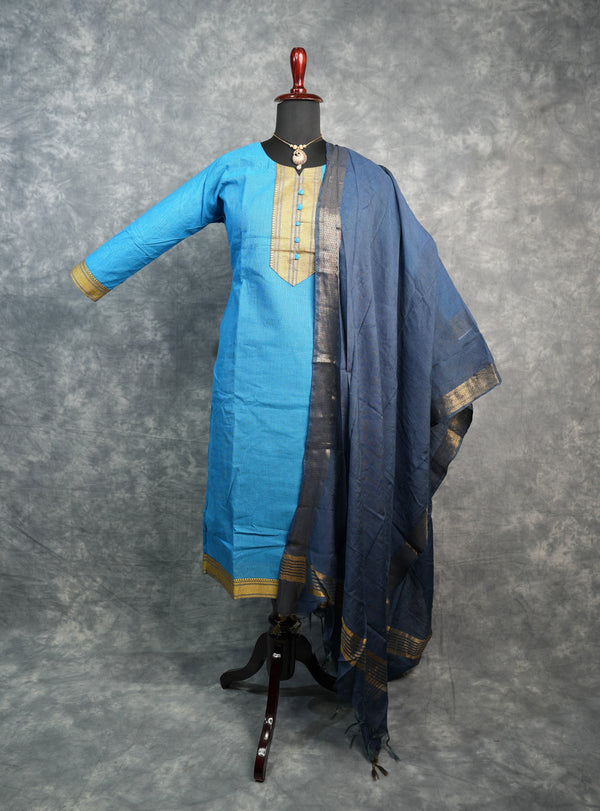 Sky Blue Cotton Chudithar Set Straight Cut Kurti with Gold Brocade Woven Yoke & Zari Border, Dark Denim Blue Dupatta with Black Gold Zari Border