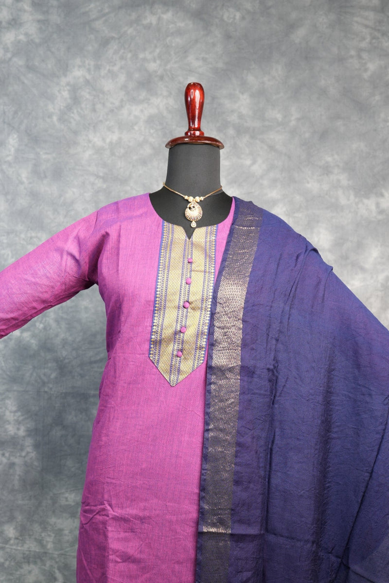 Magenta Pink Cotton Chudithar Set Straight Cut  Kurti with Gold Brocade Woven Yoke, Zari Border Sleeves &  Hem, Deep Navy Purple Dupatta with Gold Zari Border