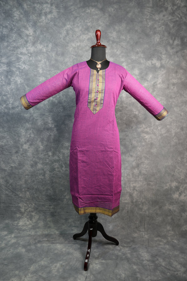 Magenta Pink Cotton Chudithar Set Straight Cut  Kurti with Gold Brocade Woven Yoke, Zari Border Sleeves &  Hem, Deep Navy Purple Dupatta with Gold Zari Border