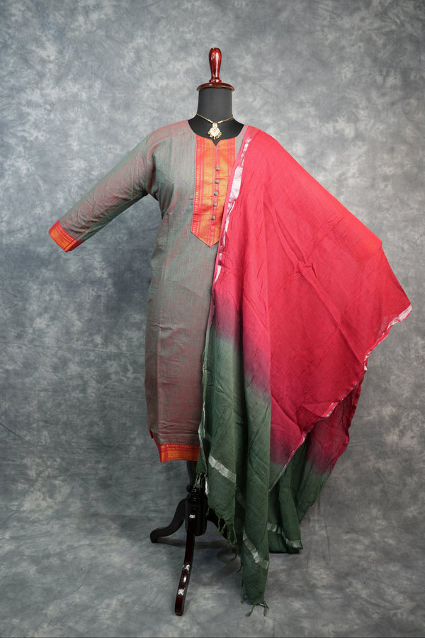 Slate Grey & Red Cotton Chudithar Set Straight Cut Kurti  with Orange-Red Brocade Woven Yoke, Zari Border, Ombre  Pink to Olive Green Dupatta with Silver Border