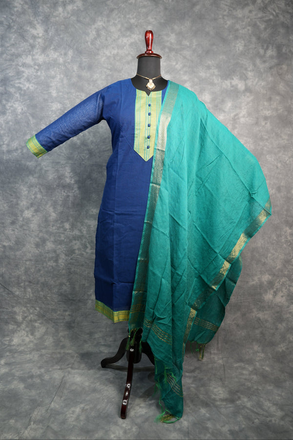 Royal Blue & Aqua Green Cotton Chudithar Set Elegant Straight Cut Kurti with Contrast Woven Yoke, Aqua Dupatta with Gold Zari Border  3/4 Sleeves  Daily, Office, Festive & Casual Wear