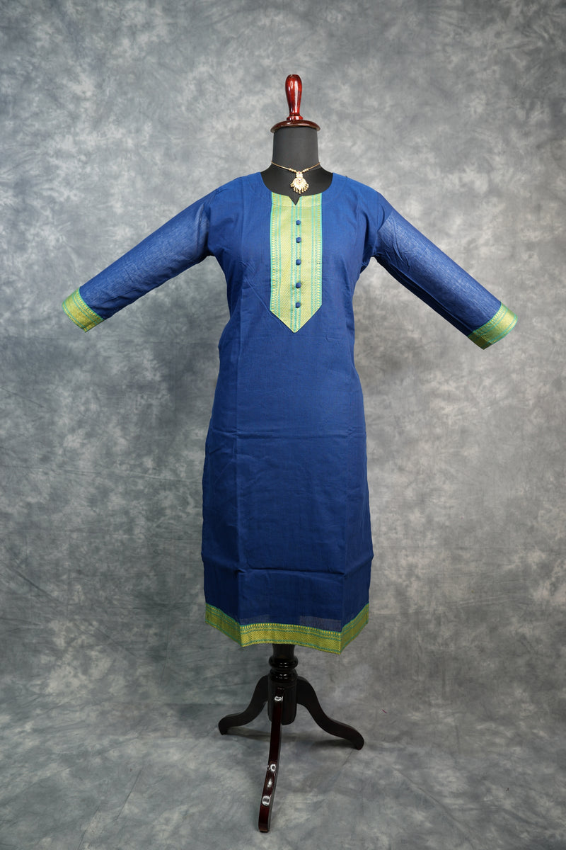 Royal Blue & Aqua Green Cotton Chudithar Set Elegant Straight Cut Kurti with Contrast Woven Yoke, Aqua Dupatta with Gold Zari Border  3/4 Sleeves  Daily, Office, Festive & Casual Wear