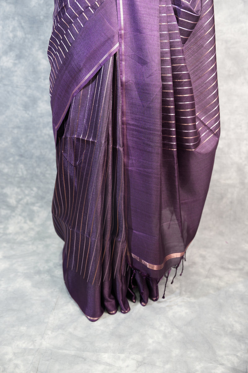 Deep Violet Semi Tusser Silk Saree Elegant  Diagonal Zari Stripe Woven Body, Thin Silver-Pink Border,  Matching Blouse Piece & Black Tassel Fringe Pallu Festive