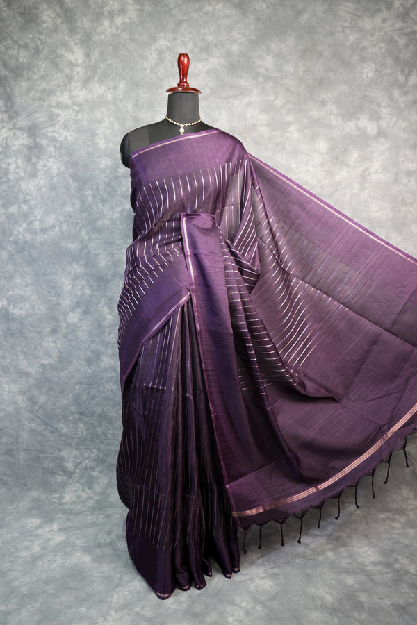 Deep Violet Semi Tusser Silk Saree Elegant  Diagonal Zari Stripe Woven Body, Thin Silver-Pink Border,  Matching Blouse Piece & Black Tassel Fringe Pallu Festive