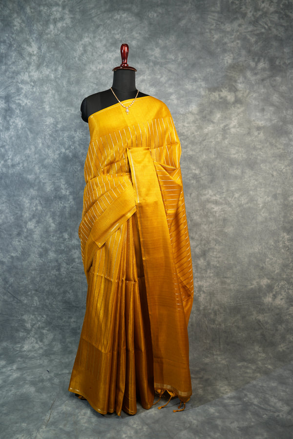 Mustard Yellow Semi Tusser Silk Saree Golden  Turmeric Body with Diagonal Silver Zari Stripes, Silver  Border & Matching Mustard Tassel Pallu