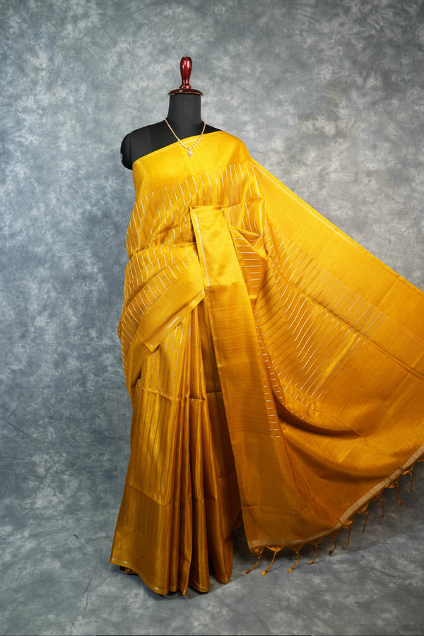 Mustard Yellow Semi Tusser Silk Saree Golden  Turmeric Body with Diagonal Silver Zari Stripes, Silver  Border & Matching Mustard Tassel Pallu
