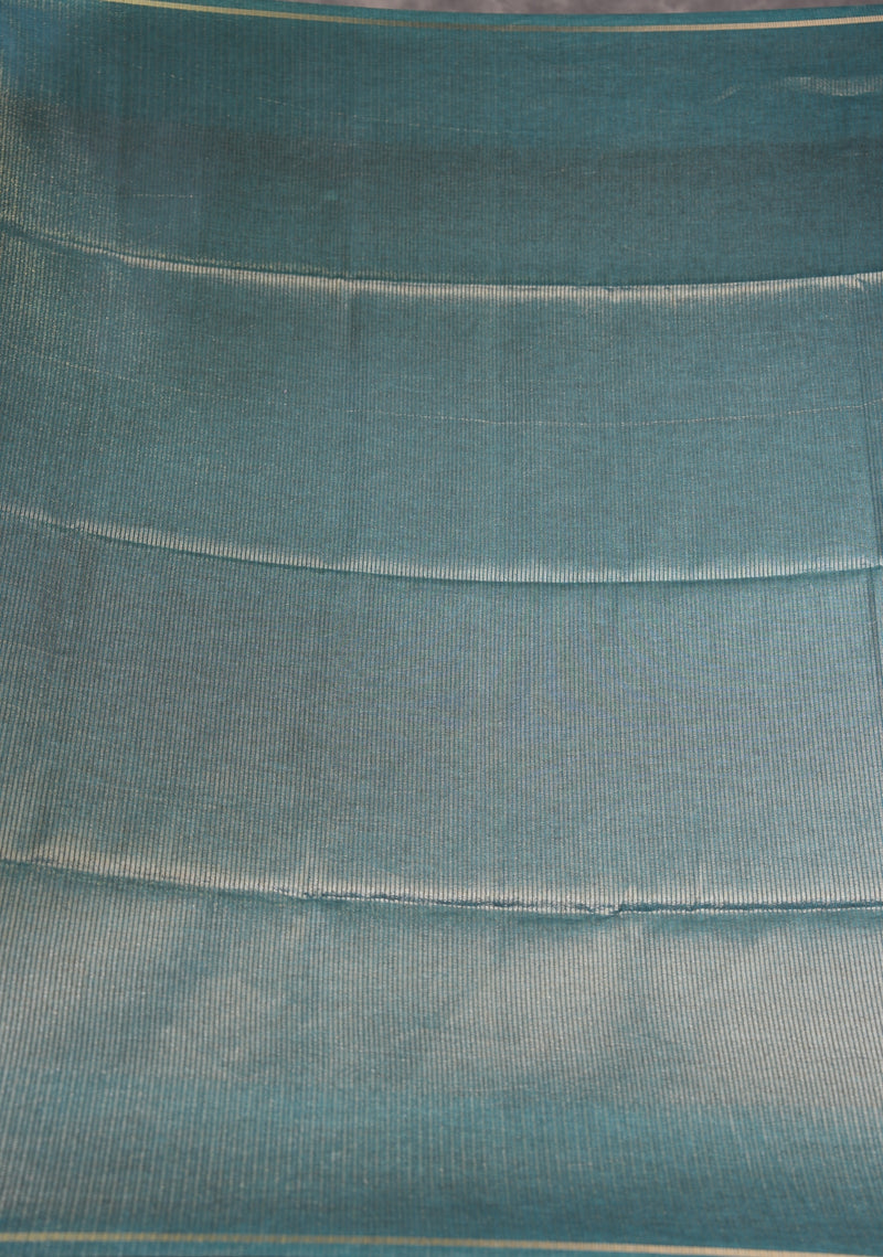 Peacock Teal Semi Tusser Silk Saree Diagonal Gold Zari  Pin Stripe Woven Body, Thin Gold Border, Matching Teal  Tassel Fringe Pallu & Blouse Piece