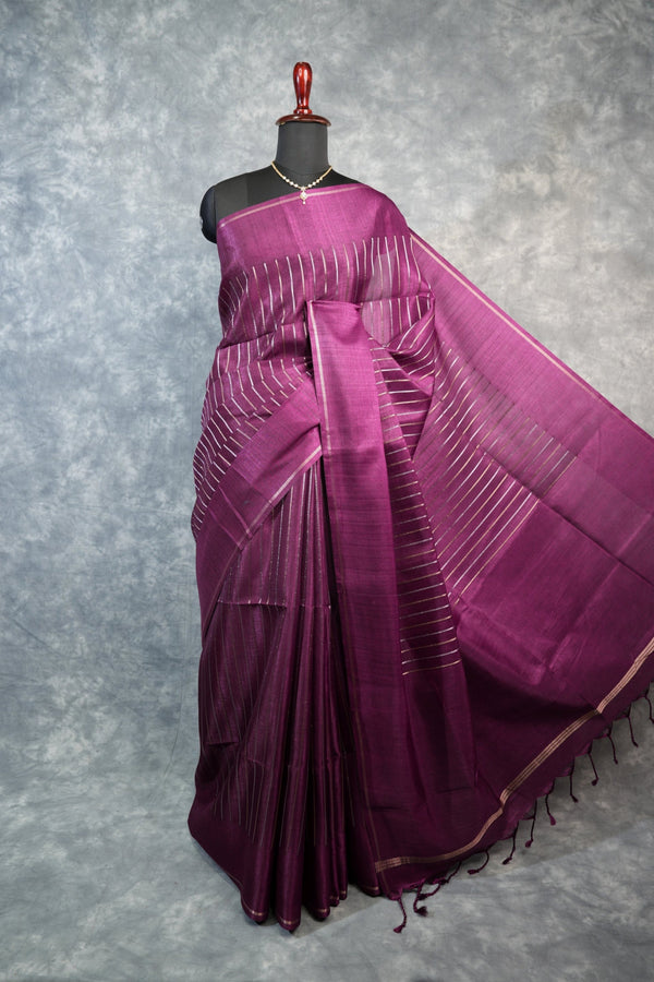 Deep Wine Semi Tusser Silk Saree Diagonal Gold Zari Pin Stripe Body, Silver Pink Border, Matching Burgundy Tassel Pallu & Blouse