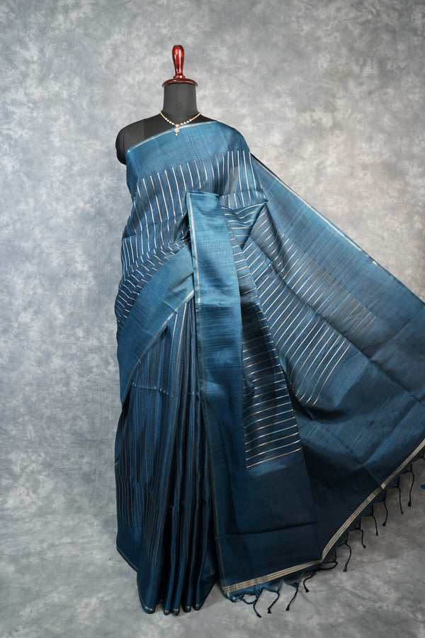 Deep Teal Blue Semi Tusser Silk Saree Dark Peacock  Steel Blue with Diagonal Gold Zari Stripes, Gold  Border & Black Tassel Pallu