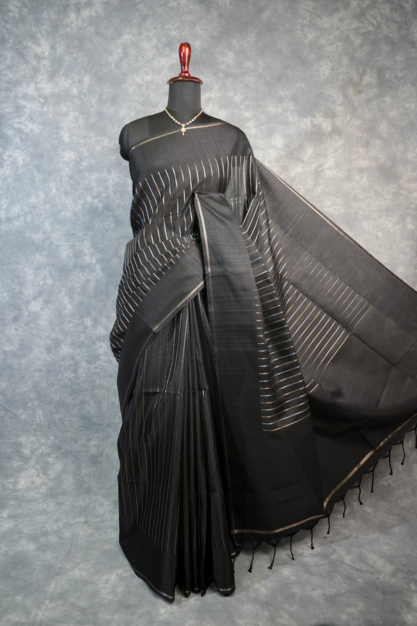 Black Semi Tusser Silk Saree Diagonal Silver  Antique Gold Zari Pin Stripe Body, Gold Silver Border,  Black Tassel Fringe Pallu & Blouse