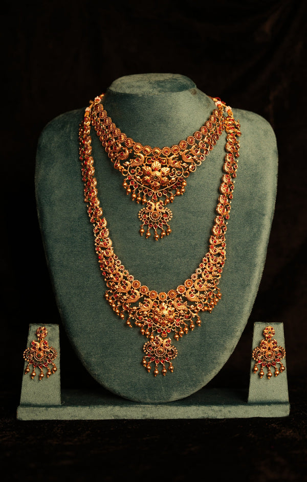 Antique Gold Bridal Jewellery Set | Floral Peacock Double Necklace, Long Haram & Chandbali Earrings | Traditional Wedding Jewellery Combo