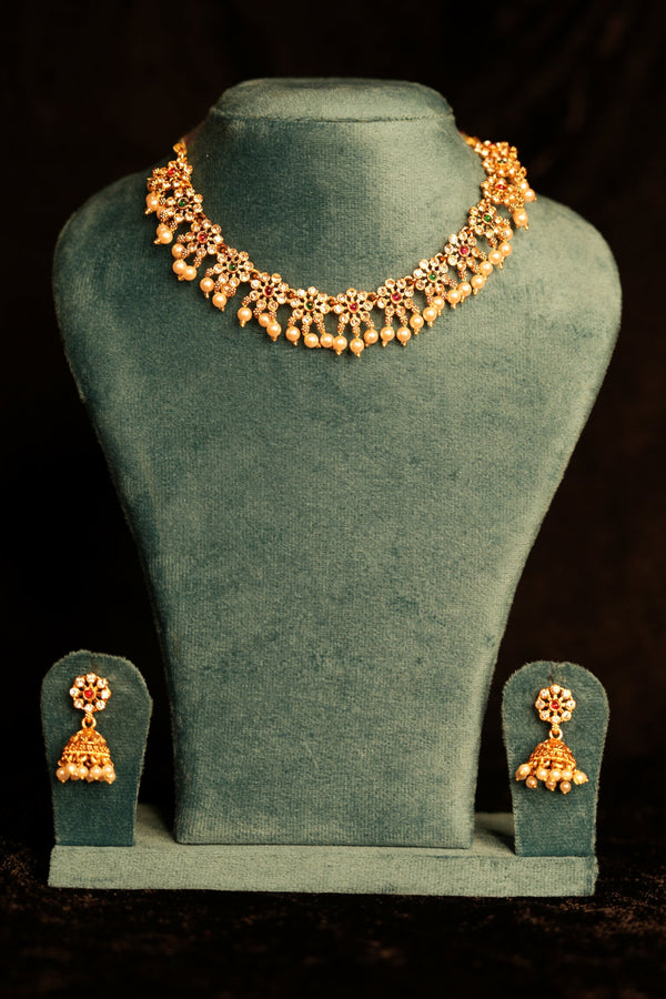 Gold Plated Guttapusalu Floral Necklace Set | Ruby Emerald Stone & Pearl Drop Necklace with Gold Jhumka Earrings | South Indian Bridal Set