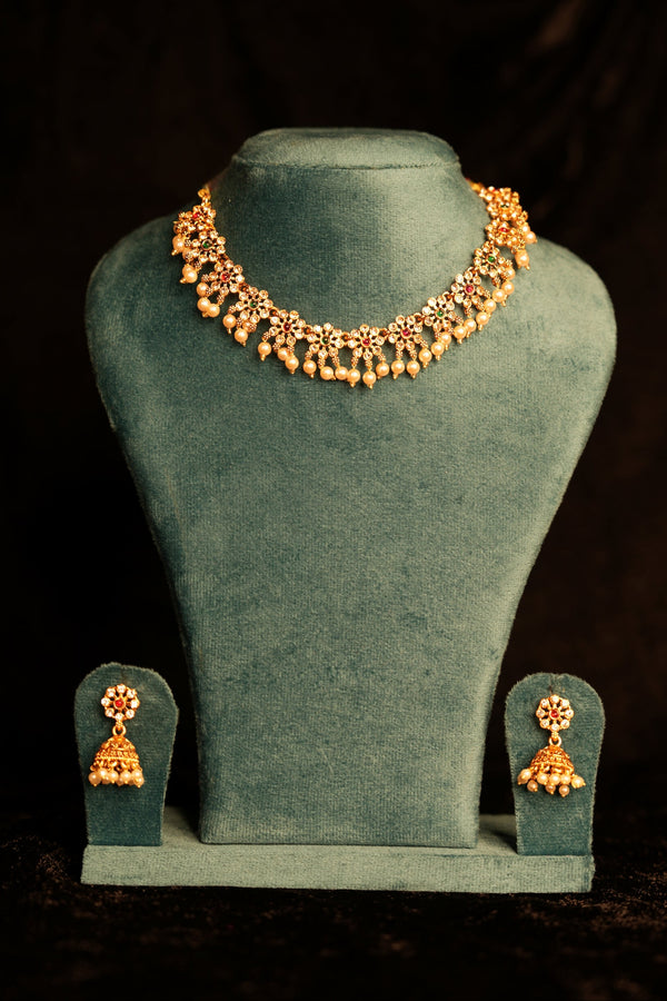Gold Plated Guttapusalu Floral Necklace Set | Ruby Emerald Stone & Pearl Drop Necklace with Gold Jhumka Earrings | South Indian Bridal Set