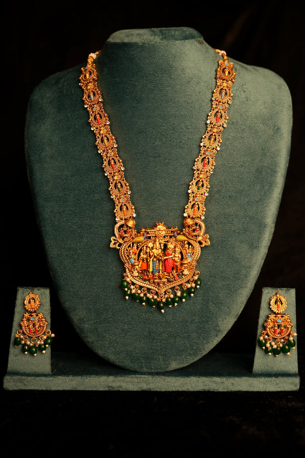 Ram Parivar Temple Long Haram Set | Gold Plated Navaratan Long Chain & Chandbali Earrings | Multicolour Meenakari South Indian Bridal Set