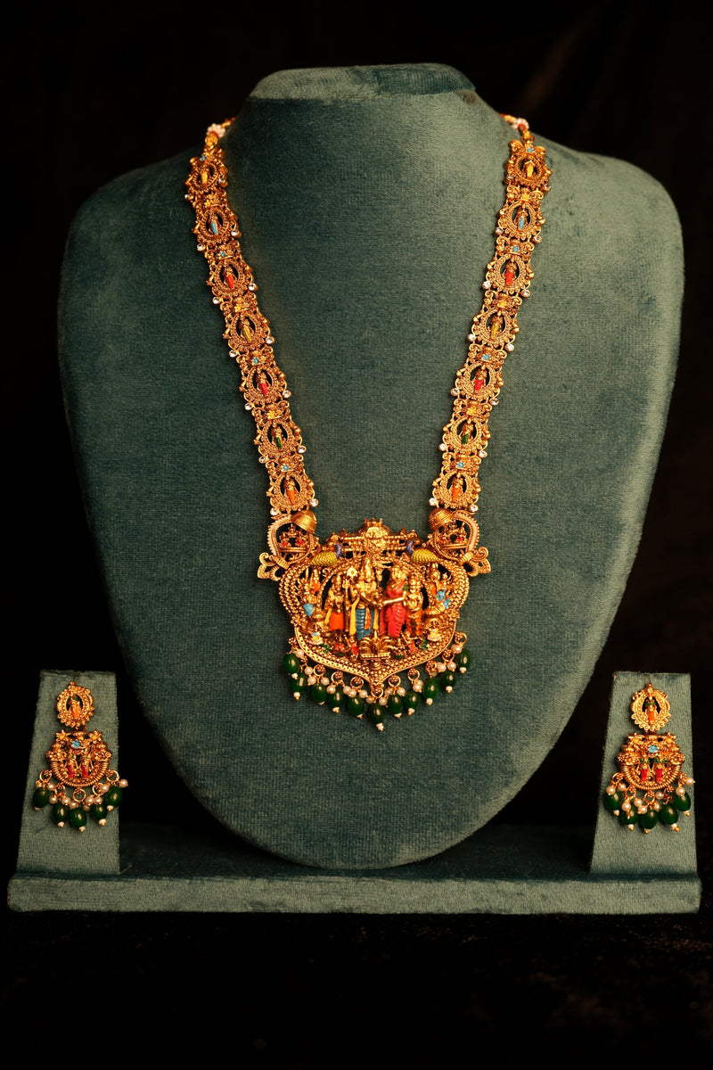 Ram Parivar Temple Long Haram Set | Gold Plated Navaratan Long Chain & Chandbali Earrings | Multicolour Meenakari South Indian Bridal Set