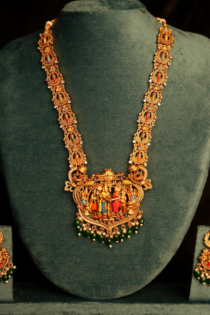 Ram Parivar Temple Long Haram Set | Gold Plated Navaratan Long Chain & Chandbali Earrings | Multicolour Meenakari South Indian Bridal Set