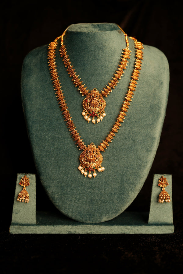 Lakshmi Temple Kasu Mala Bridal Set | Gold Plated Double Necklace Long Haram & Jhumka Earrings | Traditional South Indian Wedding Jewellery