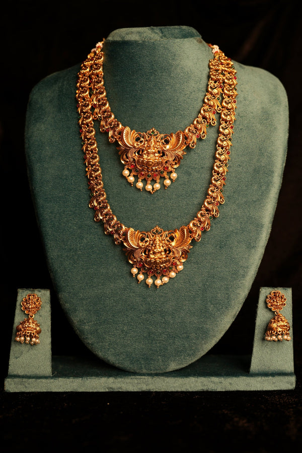 Lakshmi Garudan Temple Bridal Set | Gold Plated Scroll Chain Double Necklace Long Haram & Jhumka Earrings | Heavy South Indian Bridal Set