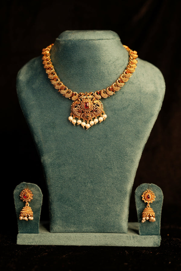 Peacock Link Chain Necklace Set | Shield Pendant Twin Peacock Rectangle Ruby Kemp & Pearl Row Drops | Antique Gold Sun Stud Jhumka Earrings