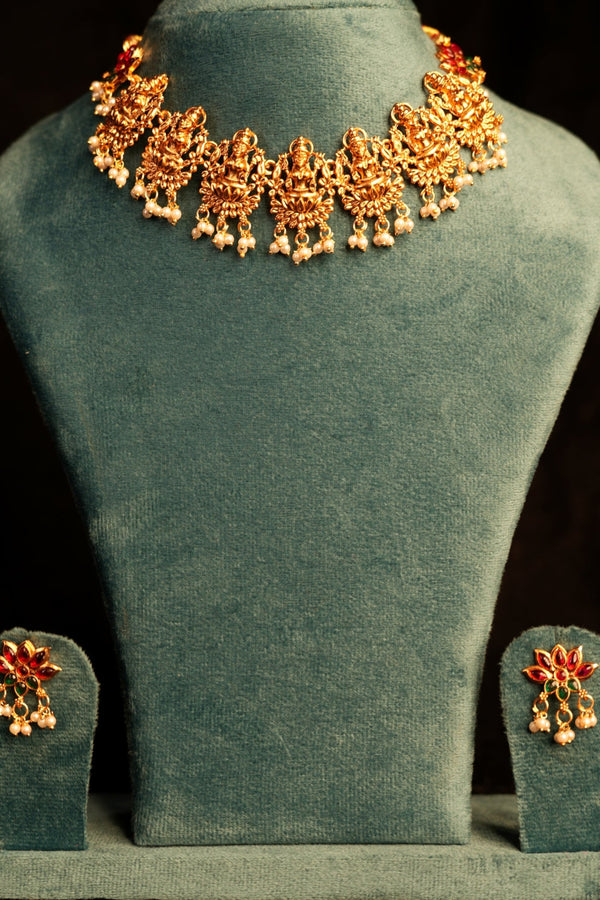 5 Deity Lakshmi Idol Choker Necklace Set | Lotus Base Prabhavali Gold Temple Choker Pearl Drops & Ruby Kemp Marquise Petal Stud Earrings