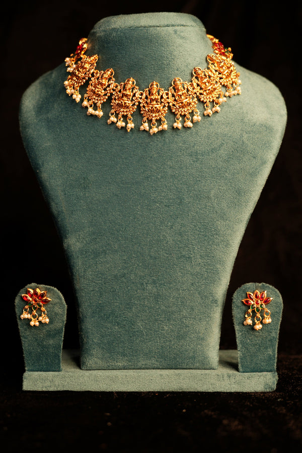 5 Deity Lakshmi Idol Choker Necklace Set | Lotus Base Prabhavali Gold Temple Choker Pearl Drops & Ruby Kemp Marquise Petal Stud Earrings