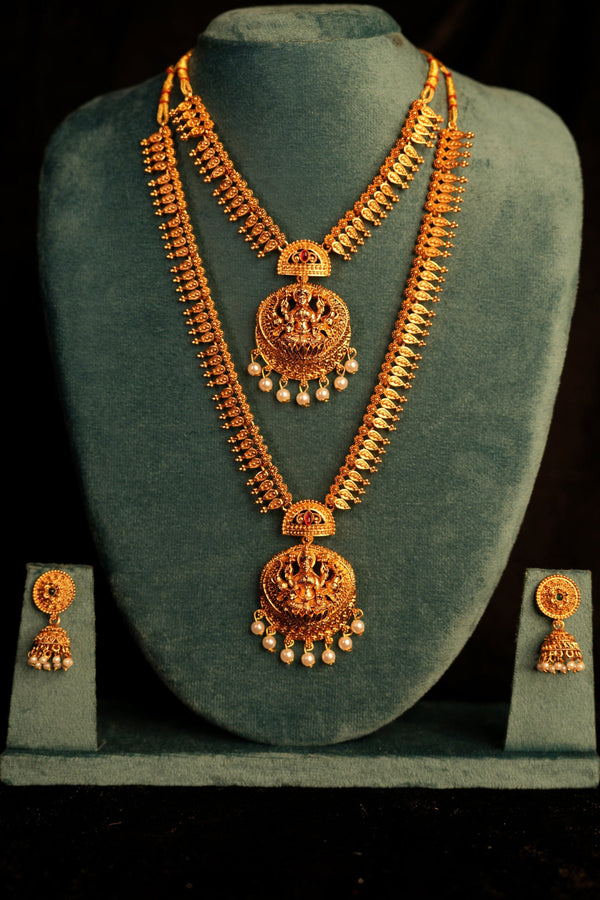 Twin Fringe Chain Lakshmi Disc Bridal Set | Gold Ball & Mango Spike Double Necklace Haram Matching Circular Jhumka | Antique Temple Jewellery
