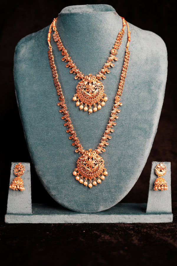 Antique gold CZ Stone Crescent Bridal Set | Polki Tennis Chain Double Necklace Haram Floral Chandbali Pearl Drop & Floral Jhumka Earrings Set
