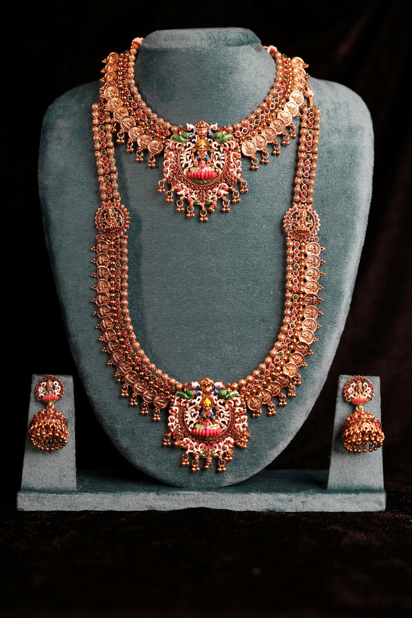 Antique Gold Lakshmi Kasu Coin Ruby Chain Meenakari Bridal Set | Enamel Lakshmi Oval Pendant Double Necklace Haram & Meenakari Jhumka Set
