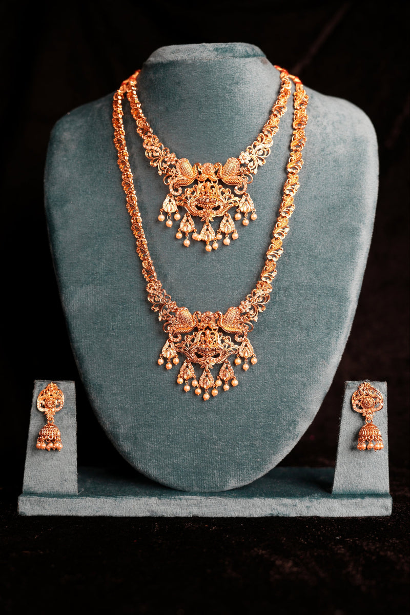 Antique Gold Pure Nakshi Twin Peacock Lakshmi Filigree Bridal Set | Stone Free Twisted Rope Chain Double Necklace Haram & Nakshi Jhumka Set