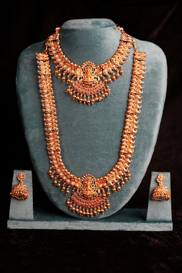 Antique Gold Peacock Body Scroll Link Chain Lakshmi Chandbali Bridal Set | Gaja Kemp Stone Double Necklace Haram Pearl Drops Granulation Jhumka