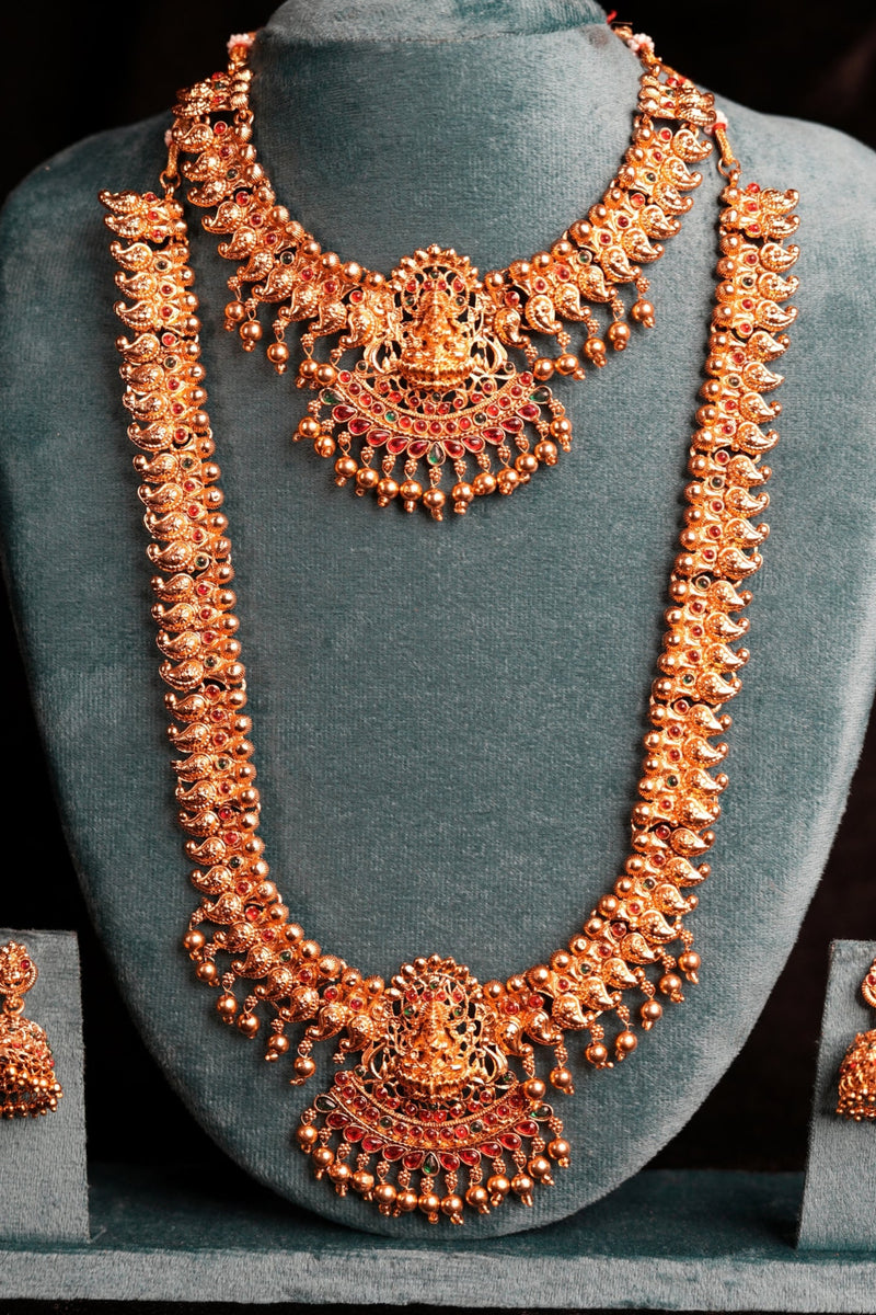 Antique Gold Peacock Body Scroll Link Chain Lakshmi Chandbali Bridal Set | Gaja Kemp Stone Double Necklace Haram Pearl Drops Granulation Jhumka