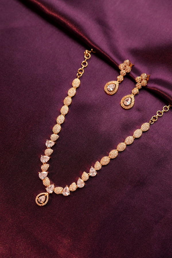 Anti Gold CZ Necklace & Earrings Set | Teardrop Pendant Bridal Jewellery Set